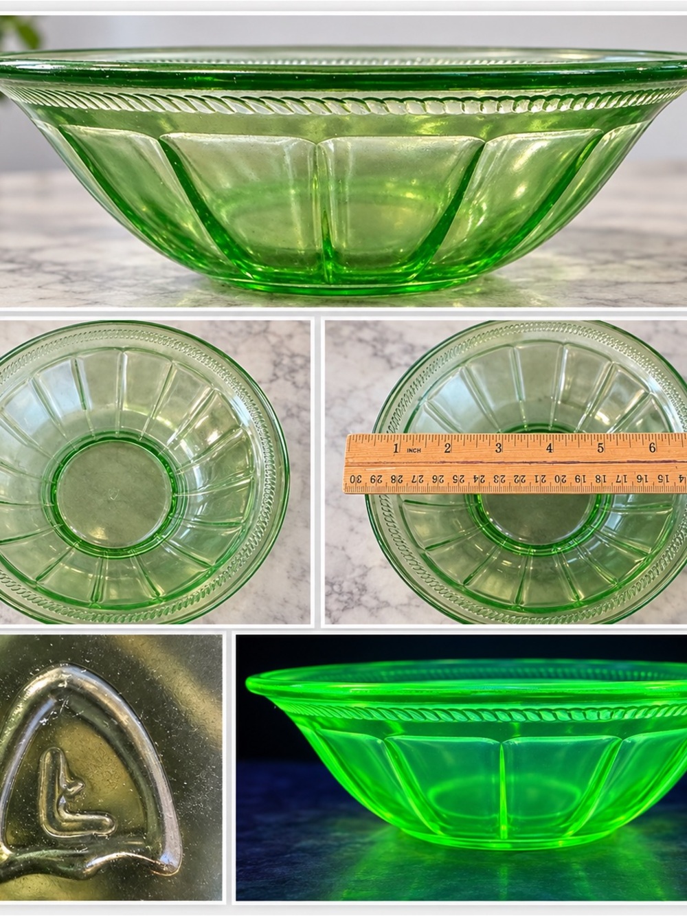 Vintage Green Uranium Glass Serving Bowl by Vintage